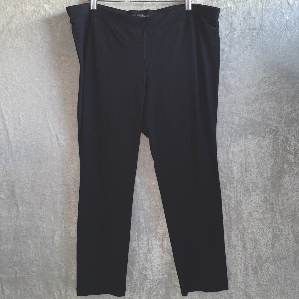Eileen Fisher Ankle Pants Pull-On‎ Crepe Black Viscose Minimal Womens Size L USA